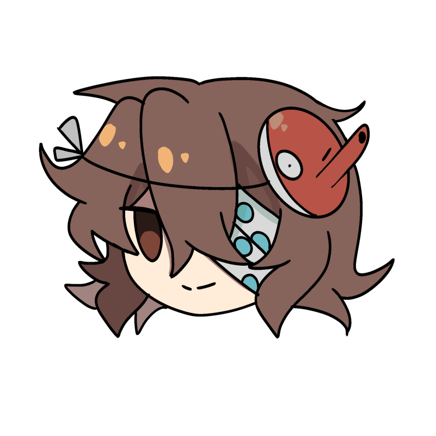 1other ametsukana_yago androgynous anime_coloring bandage_over_one_eye brown_eyes brown_hair closed_mouth grey_ribbon guhai2023 hair_between_eyes hair_ribbon head_only highres len&#039;en mask mask_on_head noh_mask other_focus red_mask ribbon short_hair smile soldier solo transparent_background