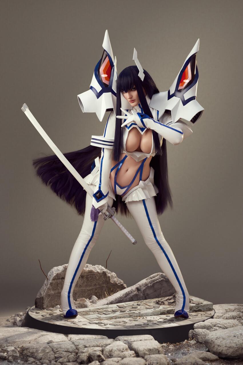 1girl absurdres bakuzan black_hair boots breasts cosplay cosplay_photo full_body highres junketsu kamisamalisa kamui_(kill_la_kill) kill_la_kill kiryuuin_satsuki kiryuuin_satsuki_(cosplay) large_breasts living_clothes long_hair looking_at_viewer photo_(medium) revealing_clothes solo standing suspenders sword thigh_boots very_long_hair weapon