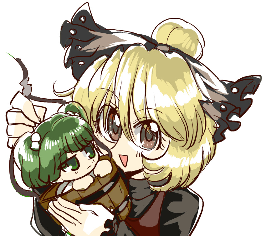 2girls black_bow black_shirt blonde_hair bow brown_eyes bucket closed_mouth commentary_request expressionless green_eyes green_hair hair_bobbles hair_bow hair_bun hair_ornament highres in_bucket in_container kisume kurodani_yamame long_sleeves looking_at_viewer mini_person minigirl multiple_girls open_mouth shippuu_jinnari shirt short_hair simple_background single_hair_bun smile touhou two_side_up upper_body white_background