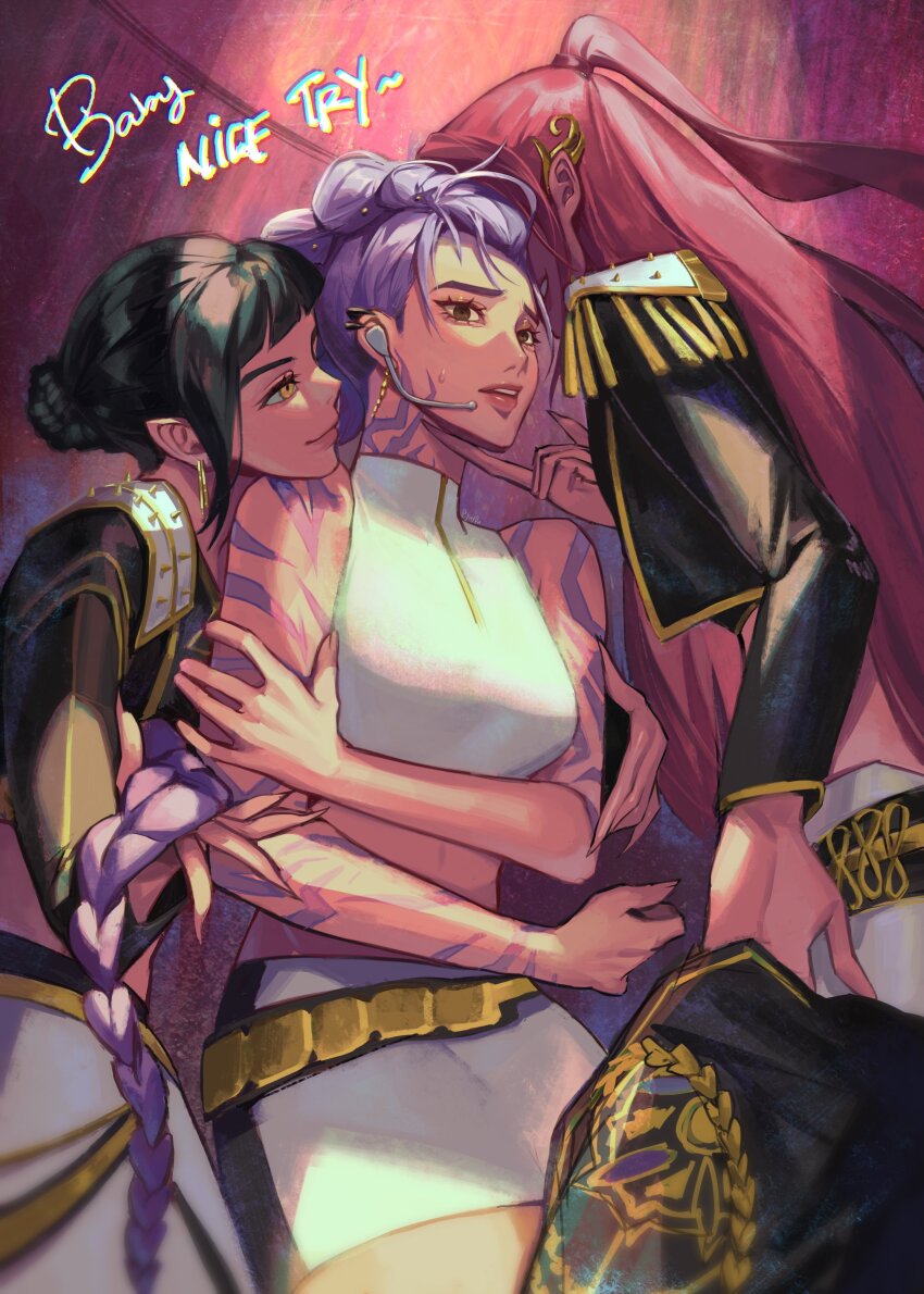 3girls absurdres bare_shoulders belt black_hair body_markings braid brown_eyes closed_mouth commentary crop_top cropped_jacket demon_girl double_bun earpiece earrings english_commentary english_text evil_smile faceless faceless_female from_side grin hair_bun hair_ornament hair_up head_on_another&#039;s_shoulder head_rest head_tilt headset highres indoors jewelry joey_ruvoa kpop_demon_hunters leaning_forward leaning_on_person light_smile long_braid long_hair long_sleeves looking_down looking_to_the_side mira_(kpop_demon_hunters) multiple_girls nervous nervous_sweating official_alternate_costume open_mouth pink_lips purple_hair red_hair rumi_(kpop_demon_hunters) shade shaded_face short_bangs single_braid single_earring skirt sleeveless smile spotlight standing stomach sweat tan teeth thick_lips twintails upper_body upper_teeth_only yellow_eyes yuri zoey_(kpop_demon_hunters)