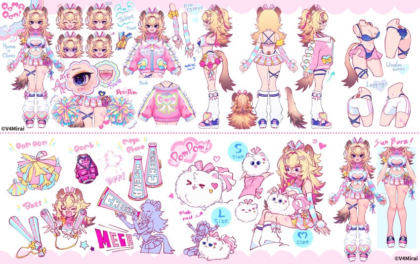 absurdres animal_ears blonde_hair blue_bra blue_panties blue_shoes bow bra breasts character_name cleavage cleavage_cutout clothing_cutout commentary copyright_name dog english_commentary english_text explosive full_body grenade hair_bow hair_ornament hairclip heart high_ponytail highres horn_speaker hyena_girl jacket kakitsubata_zero large_breasts long_hair long_sleeves multicolored_shoes multiple_views open_mouth panties pink_jacket pink_shoes pink_skirt pom_pom_(cheerleading) poma_pon_(v4mirai) ponytail reference_sheet sharp_teeth shoes sitting skirt smile standing straight-on tail teeth two-tone_shoes underwear v4mirai virtual_youtuber white_background white_nails zipper zipper_pull_tab