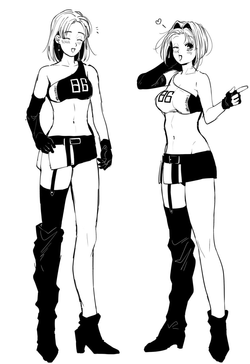 2girls alternate_costume bare_legs belly bikini blunt_bangs breasts brown_eyes brown_hair cosplay crop_top elbow_gloves gloves highres initial_d medium_breasts midriff mogi_natsuki multiple_girls navel panties race_queen short_hair swimsuit thighs uehara_mika underwear
