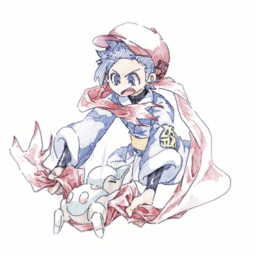 black_jacket black_pants black_undershirt blue_eyes blue_hair cosplay cyndaquil ethan_(pokemon) floating_scarf full_body galaxy_expedition_team_survey_corps_uniform gen_2_pokemon hat highres jacket layered_clothes looking_at_another nintendo open_mouth pants pokemon pokemon_(creature) pokemon_hgss pokemon_legends:_arceus red_hat red_scarf rei_(pokemon) rei_(pokemon)_(cosplay) scarf simple_background tan_carbonnn white_background