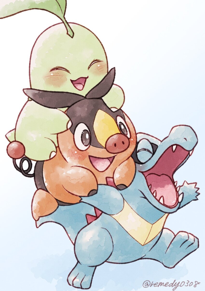 blue_skin blush carrying chikorita closed_eyes colored_skin commentary_request fangs gen_2_pokemon gen_5_pokemon gradient_background green_skin highres leaf leaf_on_head nintendo no_humans open_mouth orange_skin pig_nose piggyback pokemon pokemon_(creature) pokemon_focus remedy_matome sharp_teeth smile starter_pokemon_trio teeth tepig totodile twitter_username