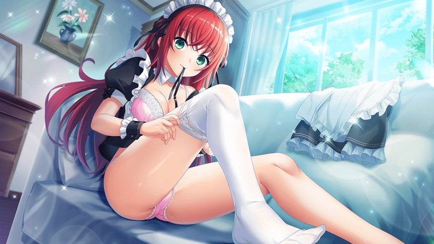1girl adjusting_clothes adjusting_legwear akai_asaka alternate_costume apron black_skirt blue_sky blush bra breasts cleavage curtains day deep_one_kyomu_to_mugen_no_fragment dressing enmaided feet flower frilled_apron frills green_eyes indoors legs lens_flare lingerie long_hair looking_at_viewer maid maid_apron maid_headdress medium_breasts mouth_hold natsuhiko no_shoes non-web_source on_bed panties pink_bra pink_panties puffy_short_sleeves puffy_sleeves red_hair ribbon ribbon_in_mouth short_sleeves sitting skirt sky socks solo sparkle sunlight thighhighs thighs tree underwear waist_apron white_apron window wrist_cuffs