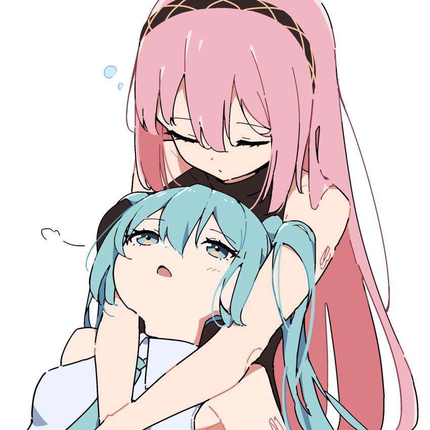 2girls aqua_eyes aqua_hair aqua_necktie arms_around_neck giryu hatsune_miku highres long_hair looking_up megurine_luka multiple_girls necktie pink_hair sleeping tattoo twintails vocaloid white_background yuri