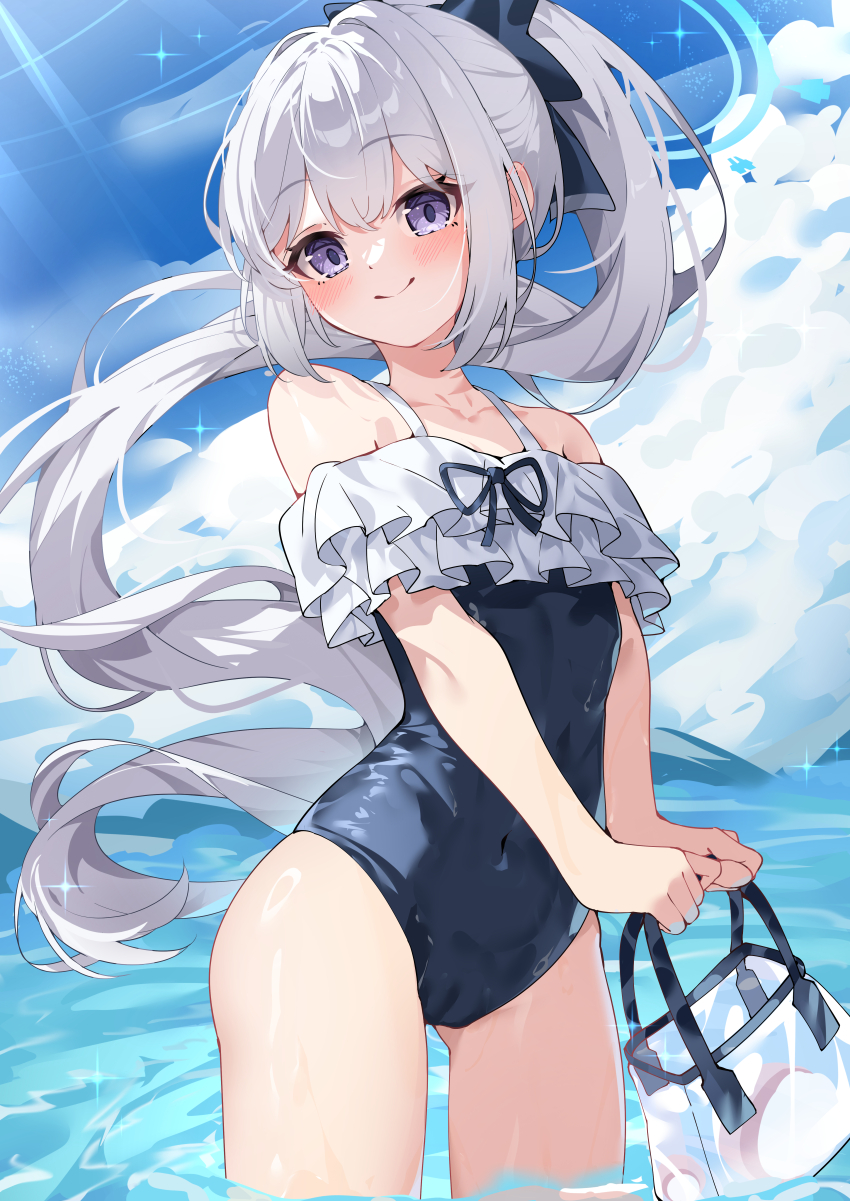 1girl absurdres bag bare_shoulders black_bow black_one-piece_swimsuit blue_archive blue_halo blush bow casual_one-piece_swimsuit chinese_commentary closed_mouth collarbone commentary_request covered_navel cowboy_shot day eyelashes floating_hair frilled_one-piece_swimsuit frills grey_hair hair_between_eyes hair_bow hair_intakes halo happy highres holding holding_bag hua-huahua long_hair looking_at_viewer miyako_(blue_archive) miyako_(swimsuit)_(blue_archive) off-shoulder_one-piece_swimsuit off_shoulder one-piece_swimsuit outdoors ponytail purple_eyes sidelocks smile sparkle split_mouth sunlight swimsuit transparent_bag tsurime v_arms very_long_hair wading water