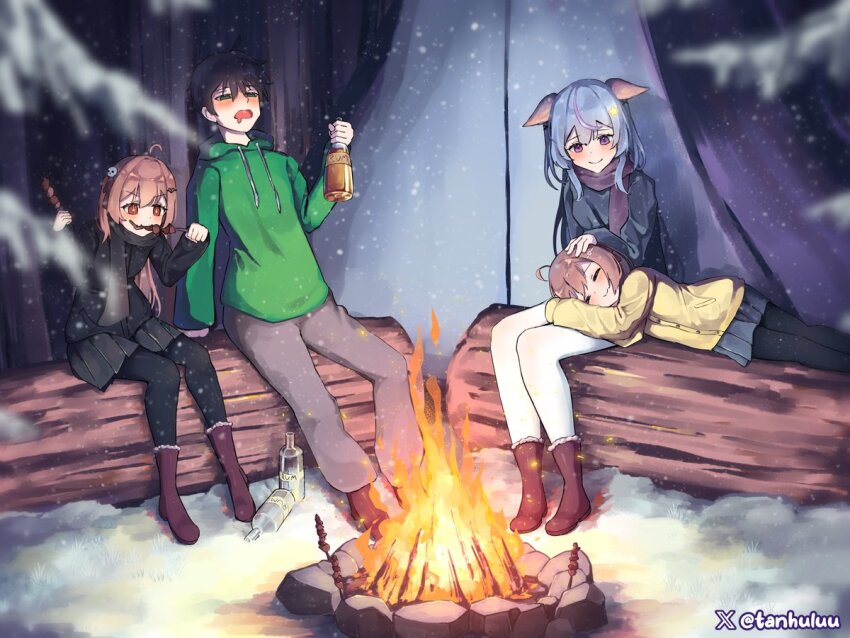 +_+ 1boy 3girls ahoge animal_ears ankle_boots annytf arm_at_side black_hair black_jacket black_leggings black_scarf black_skirt blue_skirt blurry blurry_foreground blush boots bottle bow brown_footwear brown_hair buttons campfire camping cardigan closed_eyes closed_mouth commentary commission drawstring drooling drunk ears_down eating empty_bottle english_commentary evil_neuro-sama facing_viewer feet_out_of_frame fire fox_ears fox_girl full_body fur-trimmed_footwear fur_trim green_eyes green_hood green_hoodie grey_hair grey_jacket grey_pants hair_between_eyes hair_bow hair_ornament hairclip half-closed_eyes hand_on_another&#039;s_head hands_up heart heart_hair_ornament heterochromia holding holding_bottle holding_skewer hood hood_down hoodie indie_virtual_youtuber jacket jpeg_artifacts lap_pillow leggings legs_together log long_hair long_sleeves looking_at_another looking_at_food looking_down lying miniskirt mouth_drool multicolored_hair multiple_girls neuro-sama on_side open_mouth outdoors pants pink_eyes pink_hair pleated_skirt pocket purple_eyes purple_scarf red_bow red_eyes rock rum scarf short_hair siblings sisters sitting sitting_on_log skewer skirt skull_hair_ornament sleeves_past_wrists smile snow snowing star_(symbol) star_hair_ornament streaked_hair tanhuluu tent twitter_username twitter_x_logo two-tone_hair v-shaped_eyebrows vedal987 very_short_hair virtual_youtuber white_leggings x_hair_ornament yellow_cardigan