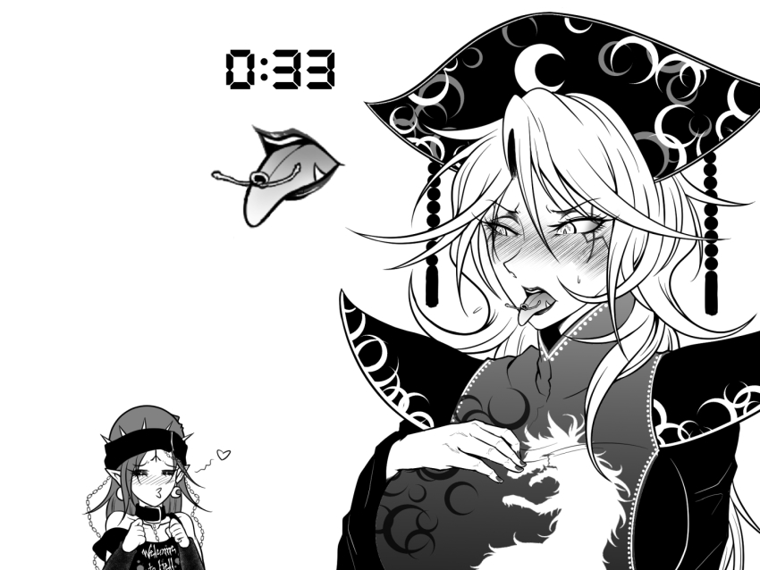 2girls =_= blush breasts clothes_writing collarbone commentary crescent crescent_earrings earrings fangs fox_print greyscale hair_between_eyes hand_on_own_chest hecatia_lapislazuli jewelry junko_(touhou) knot large_breasts legacy_of_lunatic_kingdom long_hair monochrome multiple_girls off-shoulder_shirt off_shoulder phoenix_crown pointy_ears pouty_lips ryuuichi_(f_dragon) shirt shoulder_pads simple_background spikes symbol-only_commentary tassel timestamp tongue tongue_out touhou white_background yuri