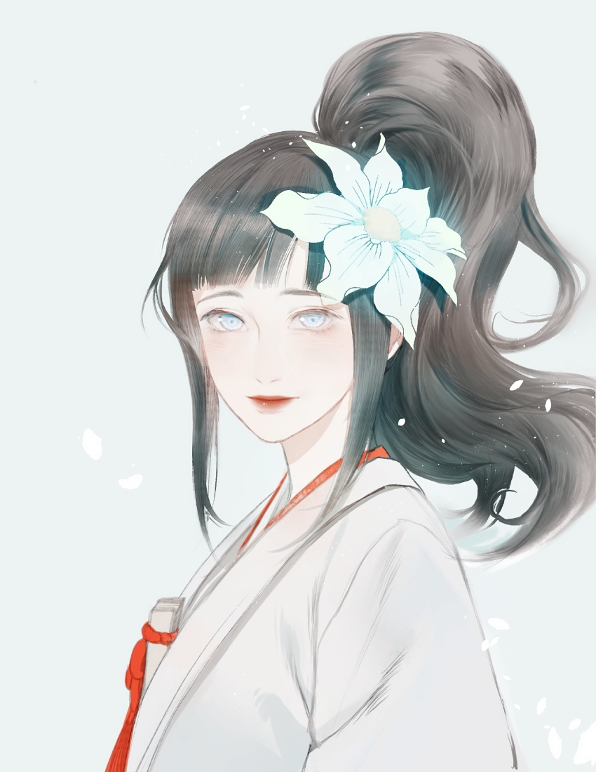 1girl alternate_hairstyle blue_eyes blunt_bangs closed_mouth flower folded_fan folding_fan from_side glowing_flower grey_background hair_flower hair_ornament hair_up hand_fan highres hyuuga_hinata japanese_clothes kimono light_particles lipstick looking_at_viewer looking_to_the_side makeup naruto:_the_last naruto_(series) petals red_lips side_ponytail sidelocks smile solo tobu_(bilibil) uchikake upper_body white_eyes white_kimono