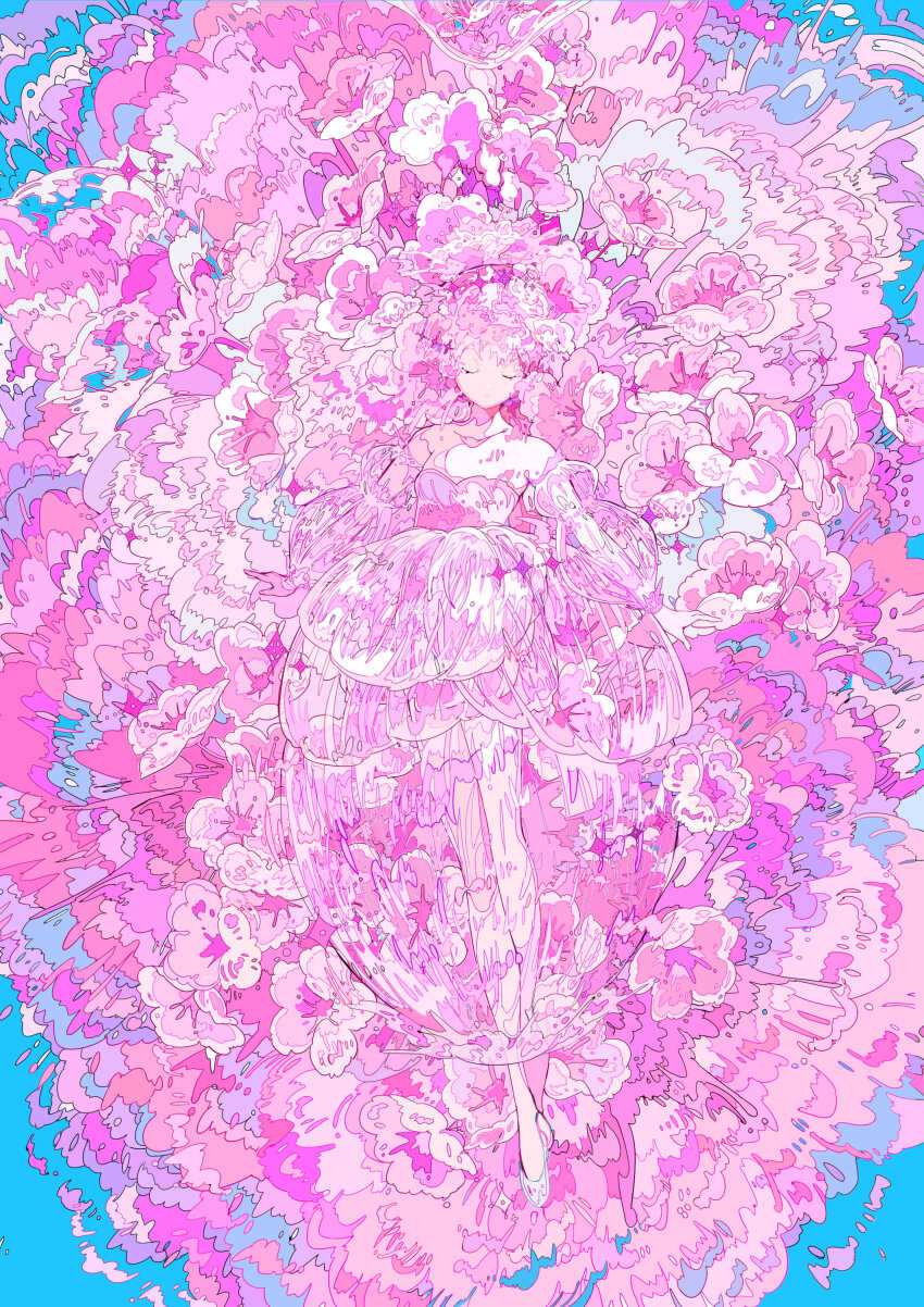 1girl absurdres bare_shoulders blue_background breasts cherry_blossoms closed_eyes curly_hair detached_sleeves dress eyelashes facing_viewer flower full_body glass_slipper hairband highres long_hair n79oqc3yja6jlof original parted_lips petals pink_dress pink_flower pink_hair pink_theme puffy_sleeves see-through_clothes simple_background small_breasts solo sparkle very_long_hair