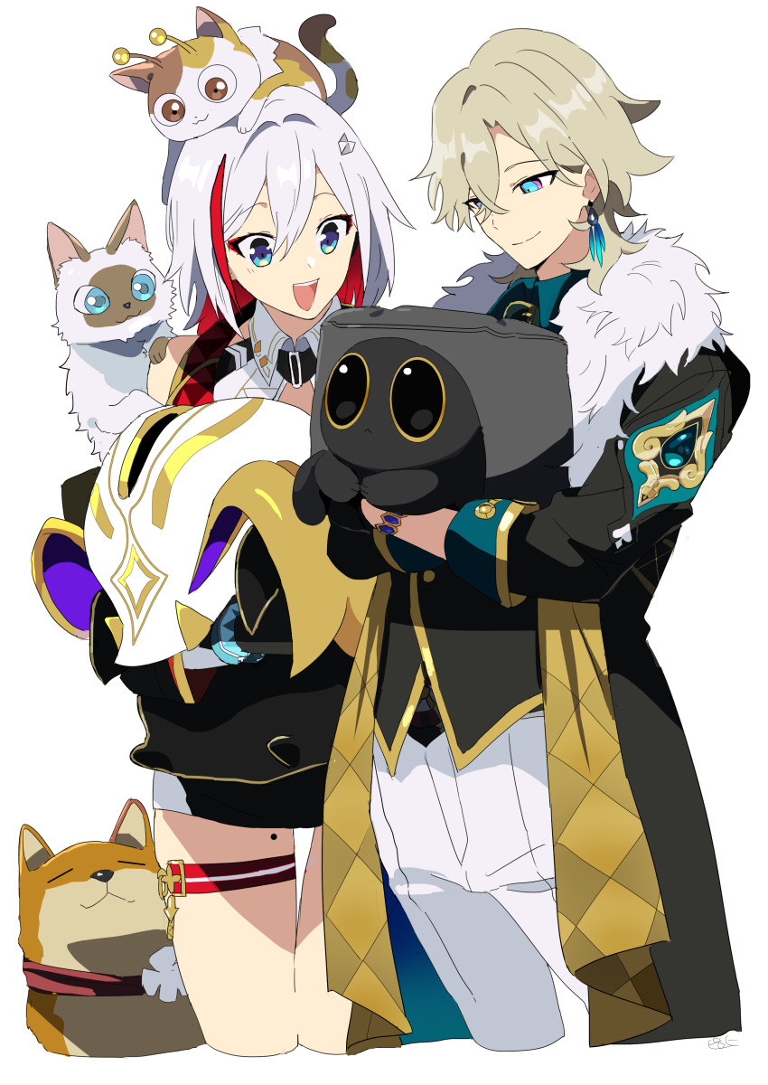 1boy 1girl absurdres animal animal_on_head animal_on_shoulder aventurine_(honkai:_star_rail) black_coat black_skirt black_vest blonde_hair blue_eyes bracelet cat closed_mouth coat colored_inner_hair commentary_request critter_pick_(honkai:_star_rail) cropped_legs dog earrings fur-trimmed_coat fur_trim gold_trim highres holding holding_animal honkai:_star_rail honkai_(series) jewelry looking_down multicolored_eyes multicolored_hair numby_(honkai:_star_rail) on_head open_mouth pants pink_eyes pirohi_(pirohi214) red_hair short_hair simple_background single_earring skirt smile streaked_hair thigh_strap topaz_(honkai:_star_rail) trotter_(honkai:_star_rail) two-tone_eyes vest white_background white_hair white_pants