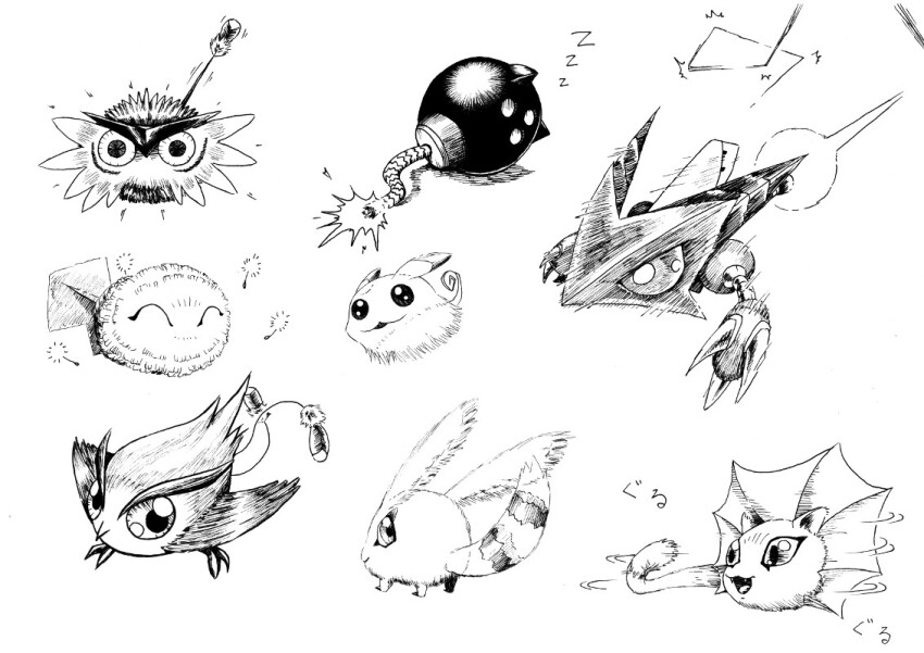 bommon closed_eyes digimon digimon_(creature) frimon kyaromon living_weapon looking_at_viewer missile missimon pafumon pinamon popomon puwamon tail