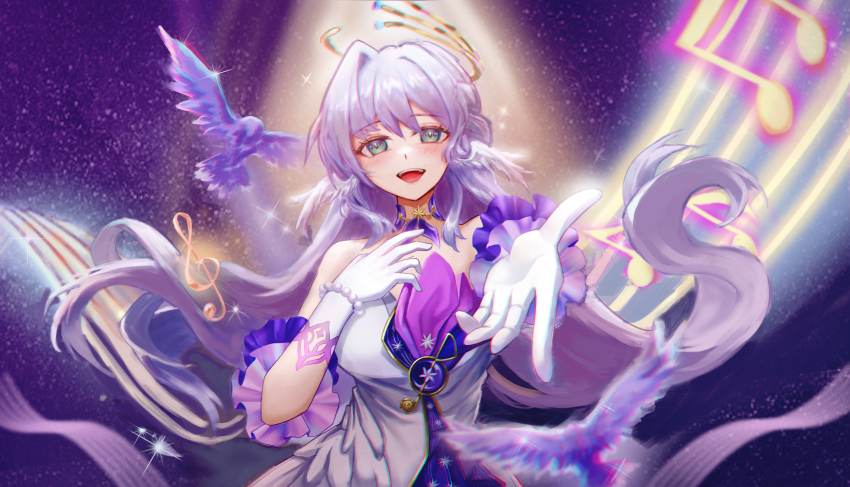1girl absurdres aqua_hair bare_shoulders bird bird_tail bird_wings blush breasts feathered_wings feathers gloves green_eyes hair_between_eyes he7_(he7hihi) head_wings highres honkai:_star_rail honkai_(series) jewelry long_hair looking_at_viewer musical_note open_mouth reaching reaching_towards_viewer robin_(honkai:_star_rail) sheet_music smile tail wings