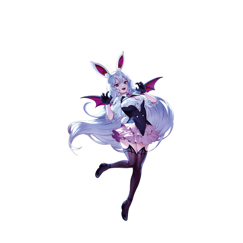 1girl alternate_costume animal_ears bat_wings black_gloves black_shoes brown_thighhighs claw_pose frilled_skirt frills full_body game_cg gloves halloween_costume highres long_hair looking_at_viewer necktie non-web_source official_art open_mouth pink_skirt purple_hair rabbit_ears rabbit_girl rabbit_tail red_eyes red_necktie reisen_udongein_inaba second-party_source shirt shoes skirt smile solo tail thighhighs touhou touhou_gensou_eclipse transparent_background u_u_zan vampire_costume very_long_hair white_shirt wings