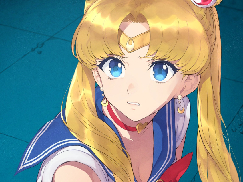1girl bishoujo_senshi_sailor_moon blonde_hair blue_eyes blue_sailor_collar breasts choker cleavage commentary_request derivative_work heart heart_choker highres hitoto long_hair looking_at_viewer meme neckerchief parted_bangs parted_lips red_choker red_neckerchief sailor_collar sailor_moon sailor_moon_redraw_challenge_(meme) sailor_senshi_uniform screenshot_redraw shirt short_sleeves solo upper_body white_shirt