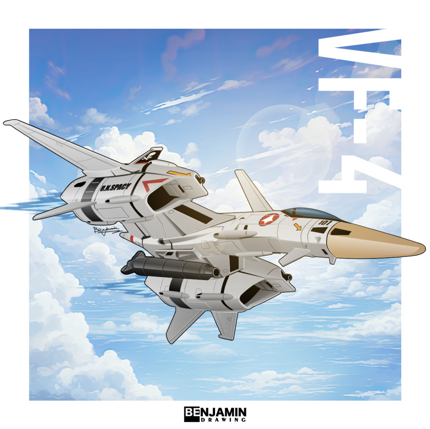 aircraft airplane arrow_(symbol) benjamin_(user_scjv3278) cloud fighter_jet gunpod head_tilt highres macross macross_flashback_2012 military_vehicle no_humans skull_and_crossbones sky vehicle_focus vf-4