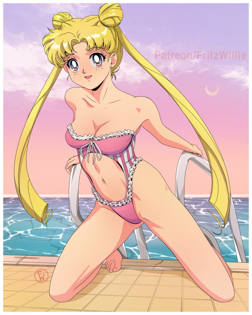 absurdres alternate_eye_color bishoujo_senshi_sailor_moon blonde_hair clothing_cutout earrings frilled_one-piece_swimsuit frills fritz_willie hair_bun highres jewelry long_hair looking_at_viewer midriff navel one-piece_swimsuit pink_eyes pool smile stomach_cutout stud_earrings swimsuit toei_animation tsukino_usagi twintails