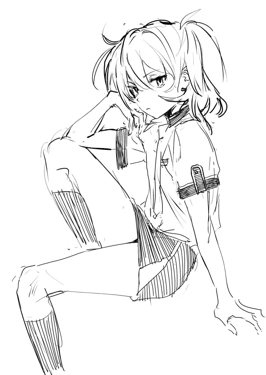 1girl closed_mouth commentary_request frown greyscale hair_between_eyes highres kneehighs leg_up lineart looking_at_viewer miniskirt monochrome shichinosato_kofuki shirt short_hair short_sleeves simple_background sitting skirt socks solo toji_no_miko white_background yamamoto_kichiko