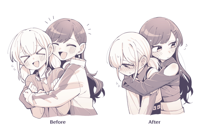 &gt;_&lt; 2girls absurdres azusawa_kohane before_and_after blush clothing_cutout commentary ear_blush flying_sweatdrops greyscale hair_ornament hairclip highres hug hug_from_behind jacket long_hair long_sleeves midriff monochrome multiple_girls neonfloyd open_mouth project_sekai shiraishi_an short_twintails shoulder_cutout smile sweatdrop twintails upper_body yuri