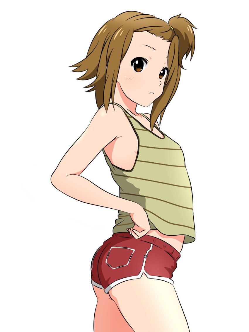 1girl brown_eyes brown_hair camisole dolphin_shorts hair_tie highres k-on! midriff_peek nekonopapa no_bra red_shorts short_hair short_shorts shorts simple_background solo standing striped_clothes tainaka_ritsu white_background