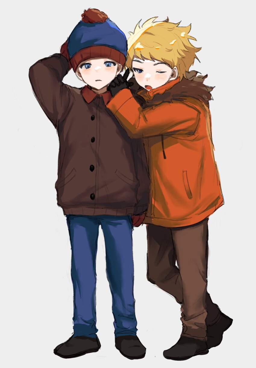 2boys animification black_gloves black_shoes blonde_hair blue_eyes blue_hat blue_pants blush brown_jacket brown_pants buttons collared_jacket cuf_nayl full_body fur-trimmed_hood fur_trim gloves half-closed_eye hand_on_headwear hand_up hat highres hood hooded_jacket jacket kenny_mccormick long_sleeves looking_at_viewer male_focus mixed-language_commentary multiple_boys one_eye_closed open_mouth orange_jacket own_hands_together pants pocket pom_pom_(clothes) puffy_long_sleeves puffy_sleeves red_gloves shoes simple_background south_park stan_marsh standing white_background