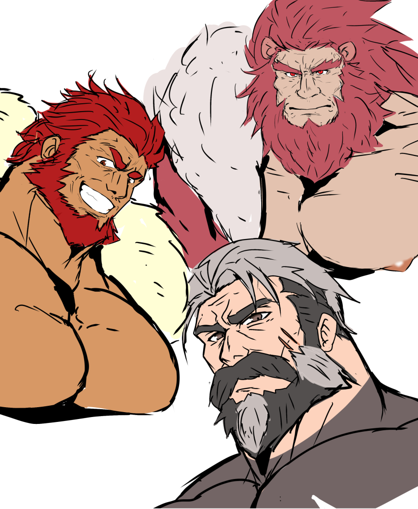 3boys absurdres animal_ears bara beard black_hair brown_eyes caineghis_(fire_emblem) commentary_request cropped_shoulders facial_hair fate/zero fate_(series) fire_emblem fire_emblem:_path_of_radiance fire_emblem:_radiant_dawn full_beard grey_hair grin highres iskandar_(fate) kaeru333938123 male_focus multicolored_hair multiple_boys muscular muscular_male mustache nintendo nipples pompey_(zenless_zone_zero) red_eyes red_hair scar scar_on_face short_hair simple_background smile two-tone_hair white_background zenless_zone_zero