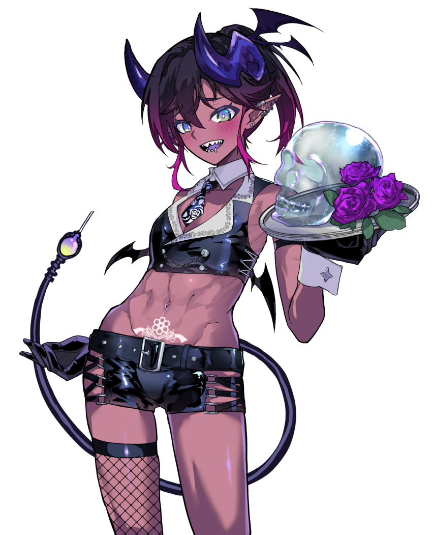 1boy abs aqua_eyes belt black_gloves black_necktie brown_hair colored_skin crystal_skull demon demon_boy demon_horns demon_tail demon_wings earrings face_piercing flower gloves highres holding holding_plate horns jewelry lip_piercing looking_at_viewer male_focus mini_wings navel necktie original piercing plate pointy_ears ponytail pubic_tattoo red_skin rose ryuu_tou sharp_teeth shorts single_thighhigh tail tattoo teeth thighhighs trap white_background wings
