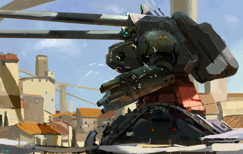 bird building cannon cloud gun gundam guntank mecha mobile_suit_gundam multiple_boys robot seagull weapon yi_gesang