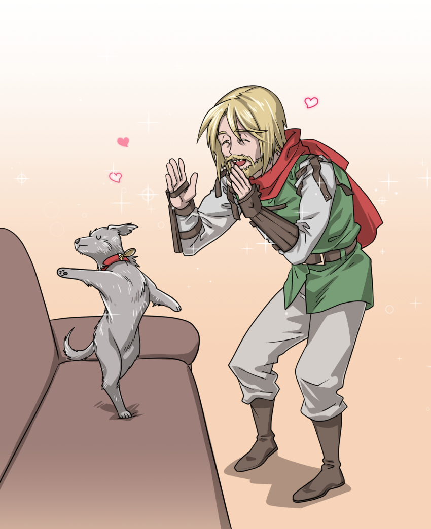 1boy beard blonde_hair boots clapping dancing darkest_dungeon dog facial_hair gauntlets grey_pants grey_shirt highres houndmaster_(darkest_dungeon) jalhanda_jalhanda_naesaekki!!!!!_(meme) leather leather_belt leather_boots long_sleeves meme pants parody shirt short_hair varamill