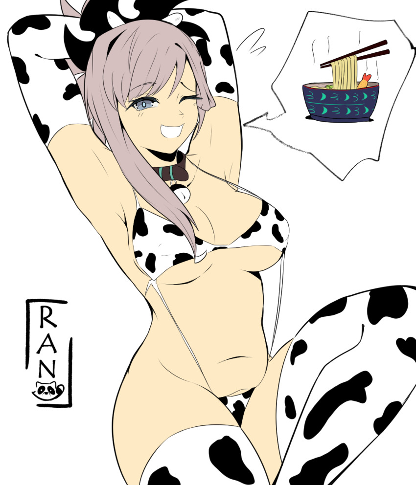 1girl arms_up bell bikini breasts closed_eyes cow_girl cow_horns fate/grand_order fate/samurai_remnant fate_(series) highres horns large_breasts miyamoto_musashi_(fate) ran_sk simple_background solo stomach_bulge swimsuit