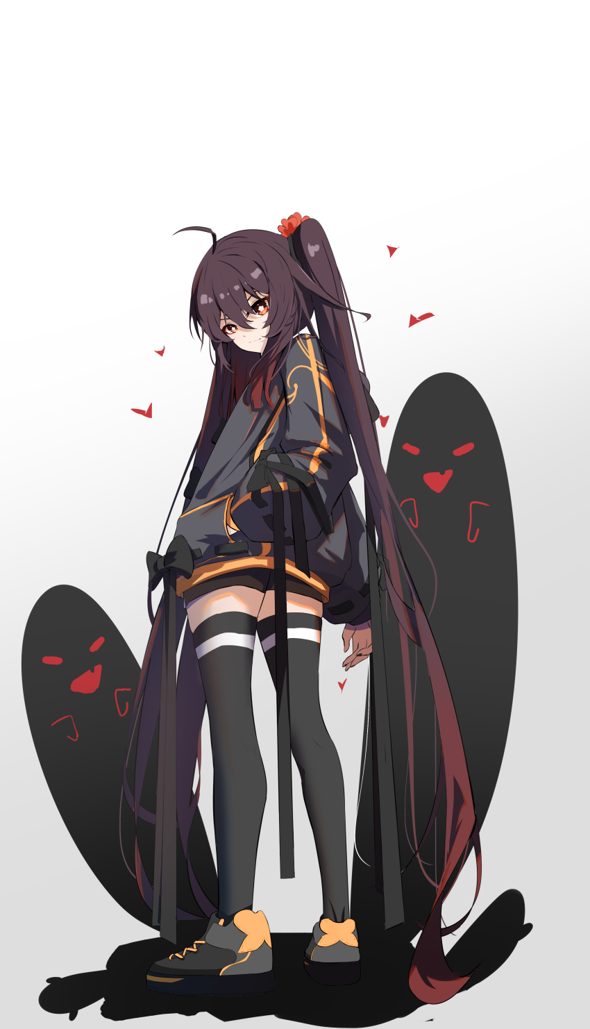 1girl absurdres ahoge alternate_costume black_shoes black_shorts black_sweater black_thighhighs brown_hair casual commentary_request contemporary flower from_behind full_body genshin_impact ghost hair_between_eyes hair_flower hair_ornament head_tilt highres hood hooded_sweater hu_tao_(genshin_impact) long_hair long_sleeves looking_at_viewer looking_back orange_eyes qixia shoes short_shorts shorts sidelocks simple_background smile sneakers streetwear sweater symbol-shaped_pupils thighhighs thighs twintails twisted_torso white_background zettai_ryouiki