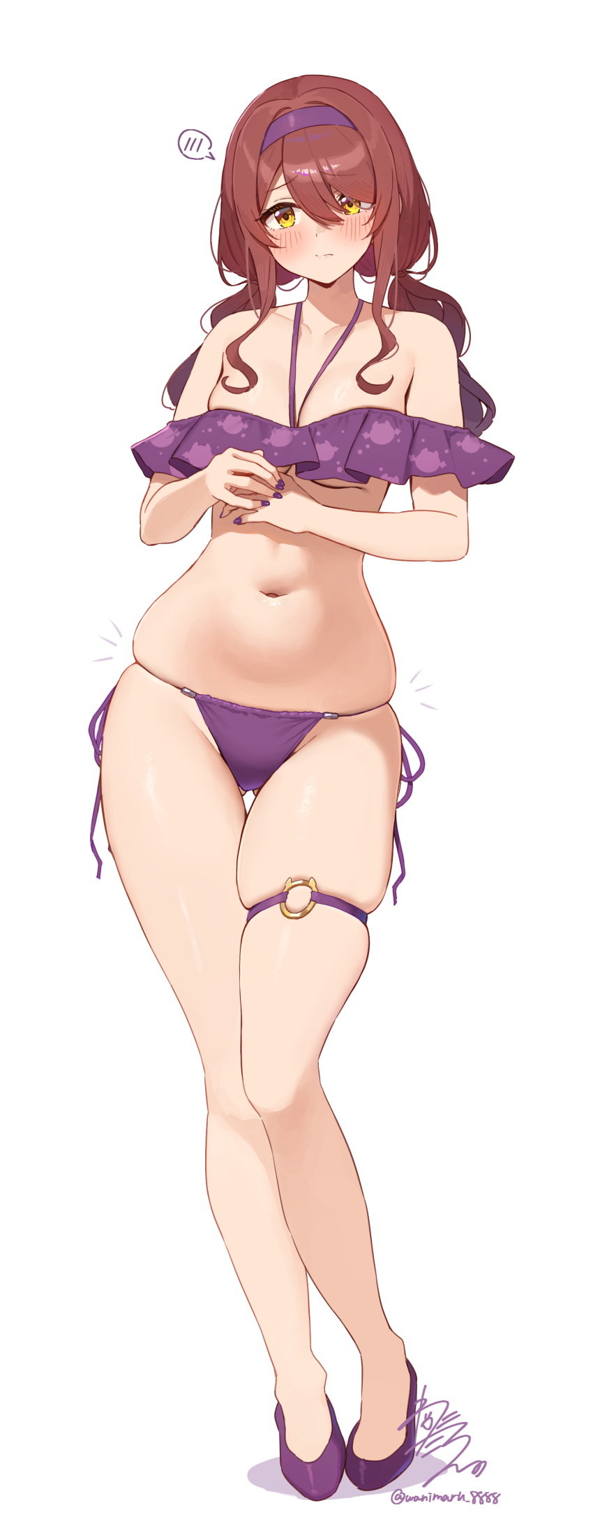 1girl absurdres bare_shoulders bikini blush breasts brown_hair commentary_request full_body hair_between_eyes highres idolmaster idolmaster_shiny_colors legs long_hair medium_breasts navel o-ring o-ring_thigh_strap osaki_tenka own_hands_together purple_bikini purple_footwear purple_nails simple_background skindentation solo spoken_blush standing stomach swimsuit thigh_strap twitter_username wanimaru white_background yellow_eyes