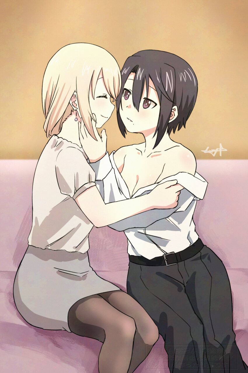 2girls absurdres bed belt black_hair blonde_hair breasts cleavage closed_eyes collarbone earrings hands_on_another&#039;s_face highres indoors jewelry kuro_(ninkoro) long_hair looking_at_another medium_breasts mole mole_under_mouth multiple_girls mutsuki_(mutsuki0110) ninja_to_koroshiya_no_futarigurashi on_bed pants pantyhose purple_eyes shirt short_hair signature sitting skirt smile yuri yuriko_(ninkoro)