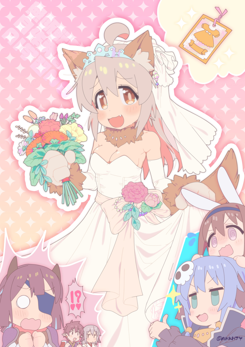 !? 2boys 4girls :3 :d @_@ absurdres ahoge alternate_costume animal_ear_fluff animal_ears animal_hands artist_name bare_shoulders black_hairband blank_eyes blue_hair blush bouquet breasts bridal_veil bride brown_eyes brown_hair card chibi chibi_inset commentary_request dog_ears dog_girl dog_tail dress elbow_gloves eyepatch fang flower flying_sweatdrops fujimi_nemu fushimi_nodoka genderswap genderswap_(mtf) gloves grey_hair hair_ornament hairband highres holding holding_bouquet hozuki_momiji looking_at_viewer matado_(almukha) medium_breasts multicolored_hair multiple_boys multiple_girls neck_fur o_o onii-chan_wa_oshimai! open_mouth outline oyama_mahiro pink_hair pointy_ears rabbit_ears sakurada_yuuta senkawa_minato skirt_hold skull_hair_ornament smile sparkle spoken_interrobang strapless strapless_dress tail thumbs_up tiara twitter_username two-tone_hair veil wedding_dress white_dress white_gloves white_outline