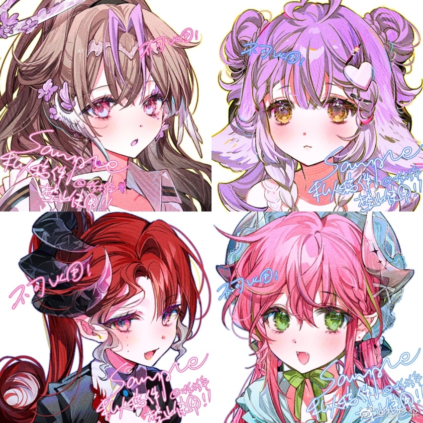 4girls :o antenna_hair beret bird_wings black_horns black_jacket black_ribbon blue_hat blue_outline blue_shirt bow bowtie braid brown_hair chinese_commentary closed_mouth coat collarbone collared_jacket collared_shirt commentary_request commission crossed_bangs demon_horns detached_collar dot_nose double_bun earrings eyelashes eyeliner fang feathered_wings flower flower_earrings flower_halo flower_tattoo frilled_shirt frills gradient_hair green_bow green_bowtie green_hair hair_between_eyes hair_bun hair_flower hair_ornament hairclip halo hat head_wings heart heart_antenna_hair heart_hair_ornament high_ponytail horns jacket jewelry kamu_(poulro) lapels light_blush light_frown long_hair makeup mole mole_on_cheek mole_under_eye multicolored_hair multiple_girls multiple_horns multiple_moles neck_tattoo notched_lapels open_mouth original outline pink_eyes pointy_ears ponytail purple_eyeliner purple_flower purple_hair purple_halo red_hair ribbon ribbon_earrings sample_watermark shirt simple_background smile streaked_hair tattoo twin_braids upper_body watermark weibo_watermark white_background white_coat white_hair white_shirt white_wings wings yellow_eyes yellow_outline