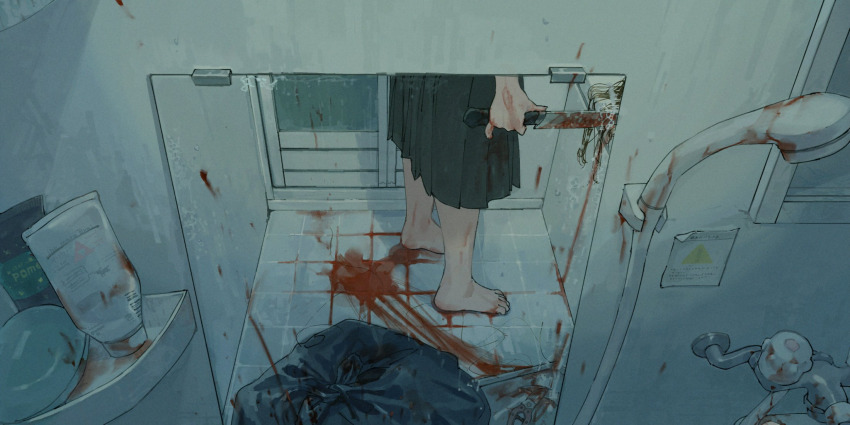 1girl barefoot bathroom blood bloody_knife corpse death gardening_shears highres holding holding_knife horror_(theme) implied_murder knife messy mirror pleated_skirt pomei_yoshino reflection sheath skirt trash_bag violence