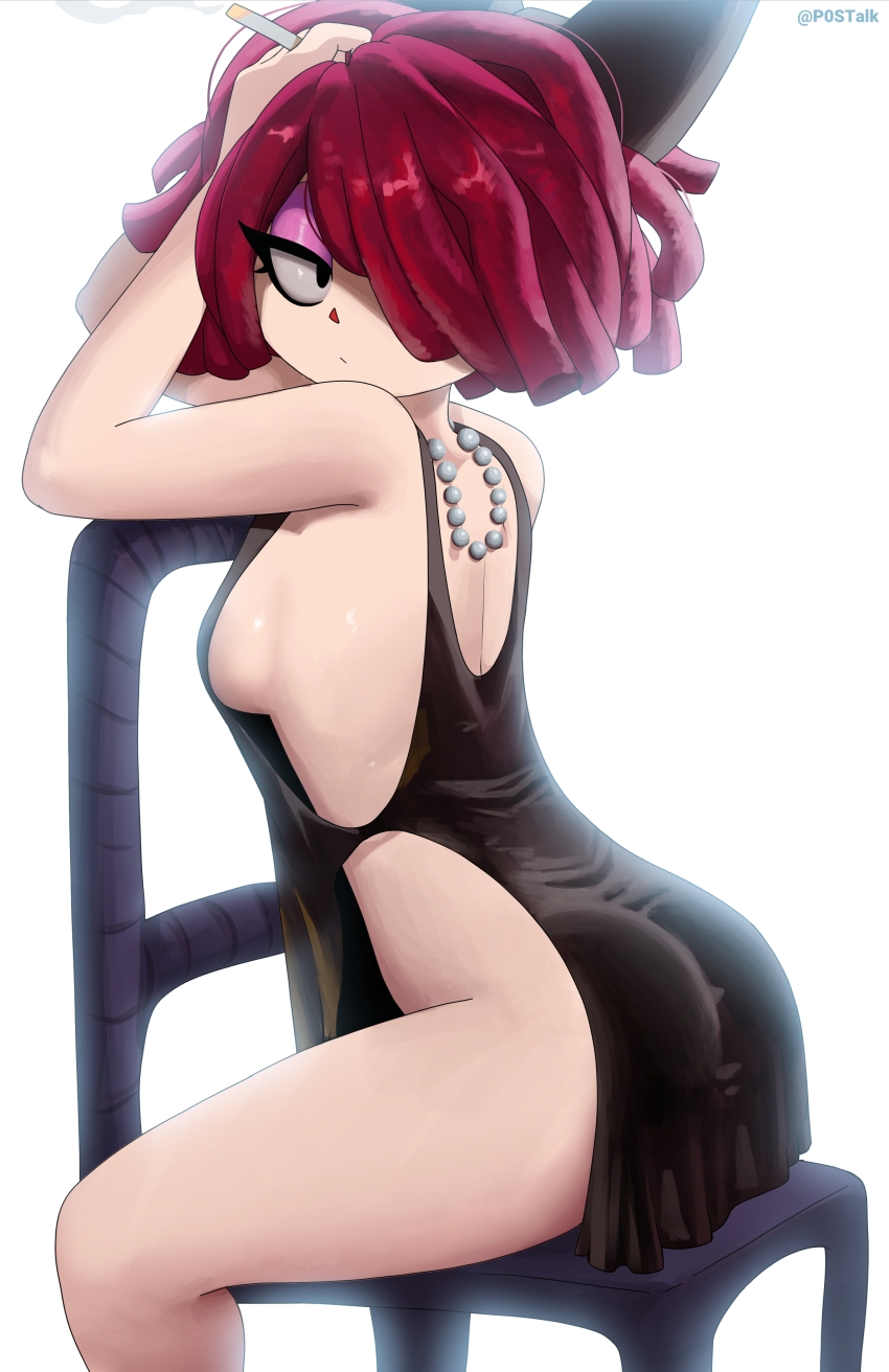 1girl absurdres alternate_costume black_dress breasts chair cigarette dress eyeshadow from_behind hair_over_one_eye highres holding holding_cigarette jewelry looking_back makeup necklace no_bra no_panties on_chair p0stalk pearl_necklace ragatha_(the_amazing_digital_circus) side_slit sideboob simple_background sitting sitting_backwards smoke solo the_amazing_digital_circus triangle_nose twitter_username white_background