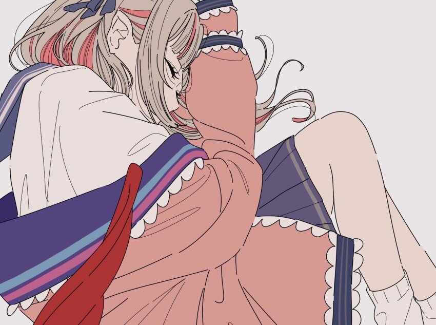 1girl blue_ribbon blue_sailor_collar blue_skirt blunt_bangs brown_hair cardigan closed_eyes colored_inner_hair grey_background hair_ribbon kamatama_rom makaino_ririmu makaino_ririmu_(4th_costume) multicolored_hair nijisanji pink_hair pleated_skirt ribbon sailor_collar shirt simple_background skirt sleeping socks solo two-tone_hair virtual_youtuber white_shirt white_socks