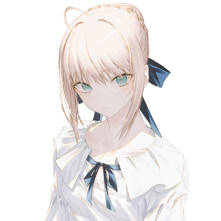 1girl artoria_pendragon_(fate) blonde_hair collarbone fate/stay_night fate_(series) fov_ps green_eyes looking_at_viewer saber_(fate) shirt simple_background solo white_shirt