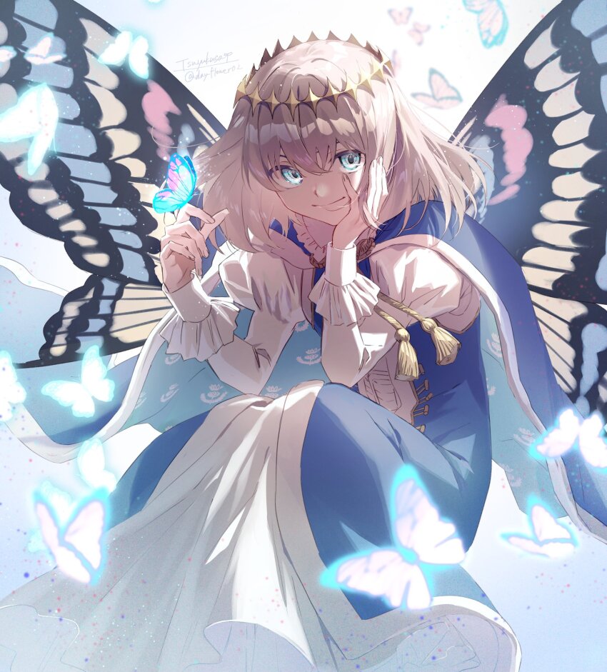 1boy arthropod_boy blue_butterfly blue_cape blue_eyes blue_robe blurry bug butterfly butterfly_on_hand butterfly_wings cape closed_mouth crown depth_of_field fate/grand_order fate_(series) feet_out_of_frame glowing_butterfly grey_hair hair_between_eyes hand_on_own_cheek hand_on_own_face hands_up highres insect insect_wings juliet_sleeves long_sleeves looking_at_viewer male_focus medium_hair oberon_(fate) oberon_(first_ascension)_(fate) puffy_sleeves robe shirt sitting smile solo tassel tsuyukusa_(eeta7273) twitter_username two-sided_cape two-sided_fabric white_shirt wings