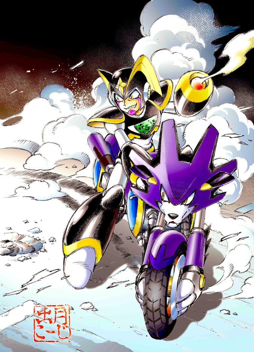 1boy arm_cannon armor bass_(mega_man) bass_day black_armor black_helmet chest_jewel dog facial_mark fins forehead_jewel gun head_fins helmet highres idetsuki_kouji looking_to_the_side mega_man_(classic) mega_man_(series) motor_vehicle riding road smirk smoke smoking_barrel street treble_(mega_man) weapon yellow_eyes