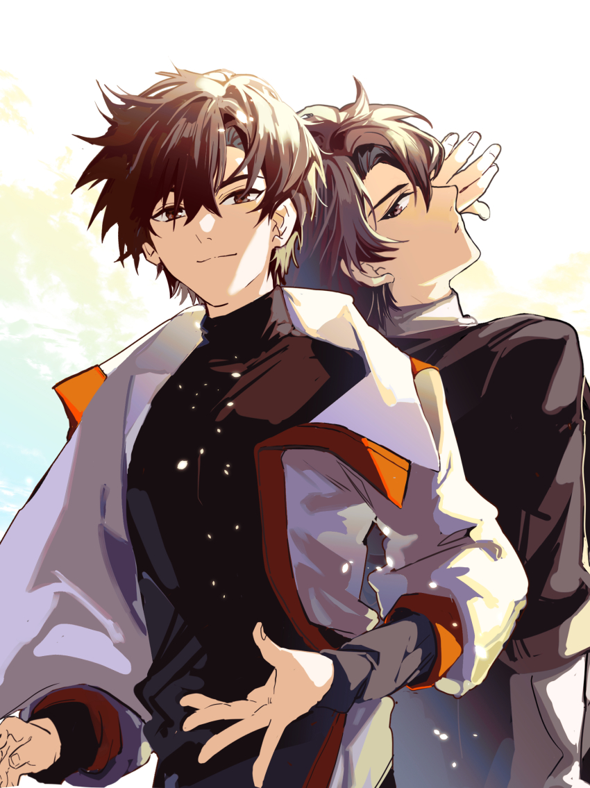 2boys absurdres back-to-back black_eyes black_hair black_jacket black_shirt brown_eyes brown_hair chinese_commentary closed_mouth earrings hair_between_eyes hand_up highres jacket jewelry light_particles long_sleeves looking_at_viewer looking_back male_focus multicolored_jacket multiple_boys open_clothes open_jacket pants parted_lips qianxue100 quan_zhi_gao_shou shirt short_hair siblings sidelighting smile sunlight turtleneck twins upper_body white_background white_jacket ye_qiu ye_xiu