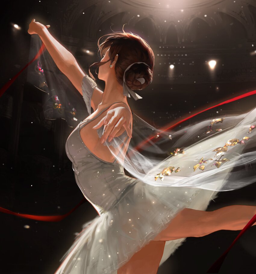 1girl absurdres ballerina ballet bangsom bare_shoulders breasts brown_hair cowboy_shot dancing dress earrings from_side hair_bun hair_ribbon highres indoors jewelry leg_up looking_to_the_side medium_breasts original outstretched_arms outstretched_leg red_ribbon ribbon sideboob single_hair_bun solo tutu white_dress white_ribbon