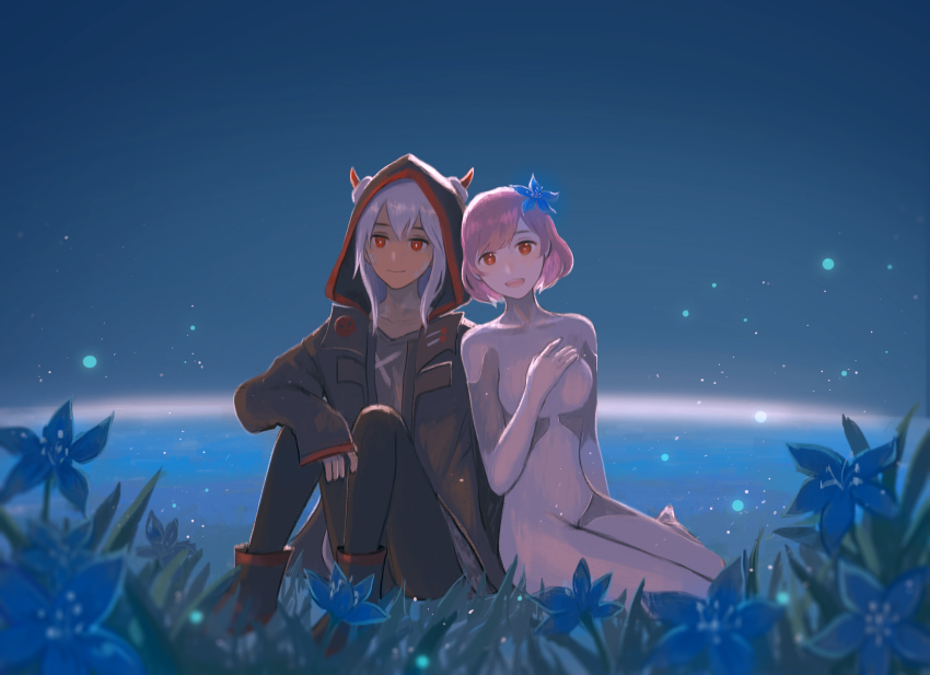 2girls :d absurdres arm_rest atrovirens black_footwear black_pantyhose black_sky blue_background blue_flower bodysuit boots breasts bright_pupils brown_jacket closed_mouth commentary cytus cytus_ii english_commentary flower grass grey_shirt hair_flower hair_ornament hand_on_own_chest hand_up highres hood hood_up horizon horns ivy_(cytus) jacket knees_up leaning_on_person light_particles light_smile long_sleeves looking_at_viewer medium_hair multiple_girls open_mouth outdoors pantyhose pink_hair red_eyes red_horns shirt short_hair sitting skin_tight sky sleeves_past_wrists small_breasts smile teeth upper_teeth_only vanessa_(cytus) white_hair white_pupils x