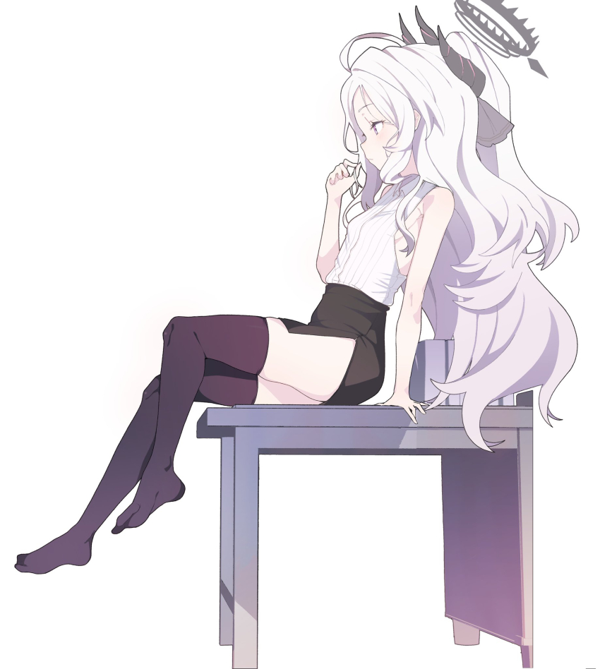 1girl ahoge arm_support armpit_peek bare_arms bare_shoulders black_halo black_horns black_ribbon black_skirt black_thighhighs blue_archive closed_mouth clothing_cutout collared_shirt commentary demon_girl demon_horns desk duplicate feet forehead from_side hair_ribbon half_updo halo hand_up highres hina_(blue_archive) hip_vent holding holding_own_hair horns loli long_hair looking_afar multicolored_halo no_shoes no_wings on_desk parted_bangs pencil_skirt playing_with_own_hair profile purple_eyes ribbon s10021 shirt shirt_tucked_in side_slit sidelocks simple_background sitting skirt sleeveless sleeveless_shirt solo thighhighs toes two-tone_halo very_long_hair wavy_hair white_background white_hair white_shirt zettai_ryouiki