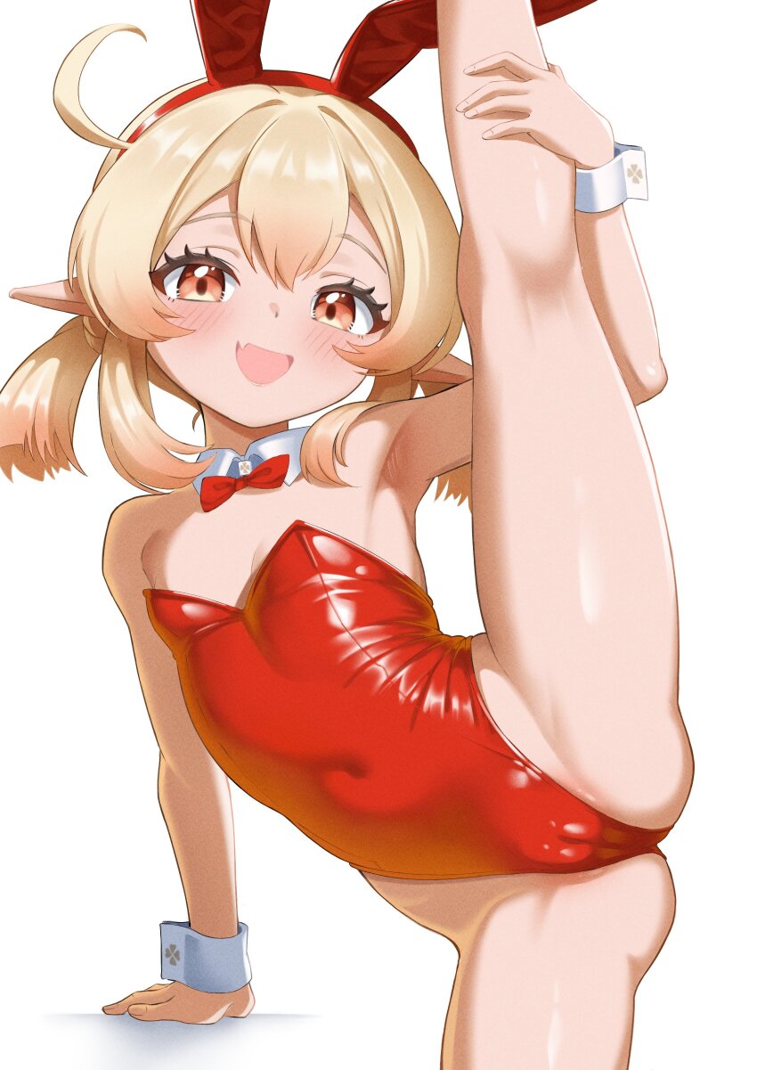 1girl absurdres animal_ears blonde_hair bow bowtie cameltoe detached_collar fake_animal_ears genshin_impact highres klee_(genshin_impact) leotard loli looking_at_viewer playboy_bunny pointy_ears rabbit_ears red_bow red_bowtie red_leotard simple_background smile solo split standing standing_on_one_leg standing_split strapless strapless_leotard twintails vesuva_(hspk8725) white_background wrist_cuffs