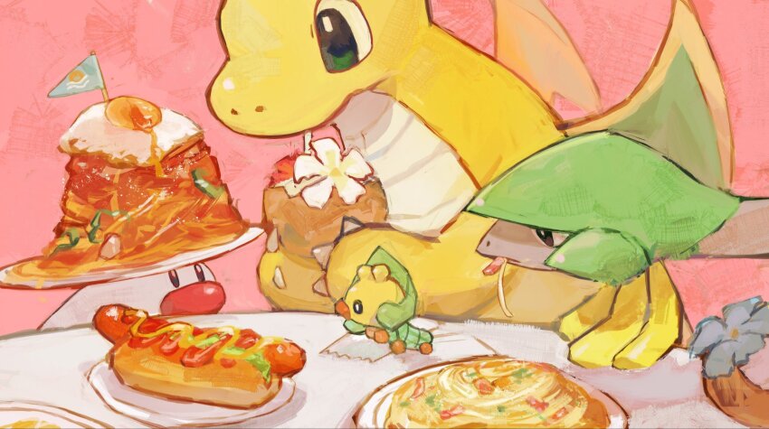 animal_focus aomidori_iro bright_pupils closed_mouth coconut_cup commentary_request cup dragon dragon_wings dragonite drinking drinking_straw drinking_straw_in_mouth eating flower food fried_egg gen_1_pokemon gen_3_pokemon gen_5_pokemon gen_9_pokemon green_eyes highres holding holding_cup hot_dog nintendo no_humans on_table pasta plate plate_on_head pokemon pokemon_(creature) sewaddle sitting spaghetti table tropius white_flower white_pupils wiglett wings
