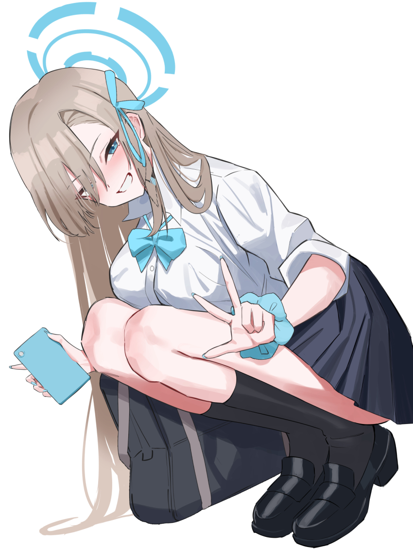 1girl asuna_(blue_archive) asuna_(school_uniform)_(blue_archive) bag black_shoes black_skirt black_socks blonde_hair blue_archive blue_bow blue_bowtie blue_eyes blue_halo blush bow bowtie breasts full_body grin hair_over_one_eye halo highres holding holding_phone large_breasts long_hair looking_at_viewer loose_bowtie phone pleated_skirt school_bag scrunchie shirt shoes skirt sleeves_rolled_up smile socks solo squatting v very_long_hair wesly2300 white_background white_shirt wrist_scrunchie