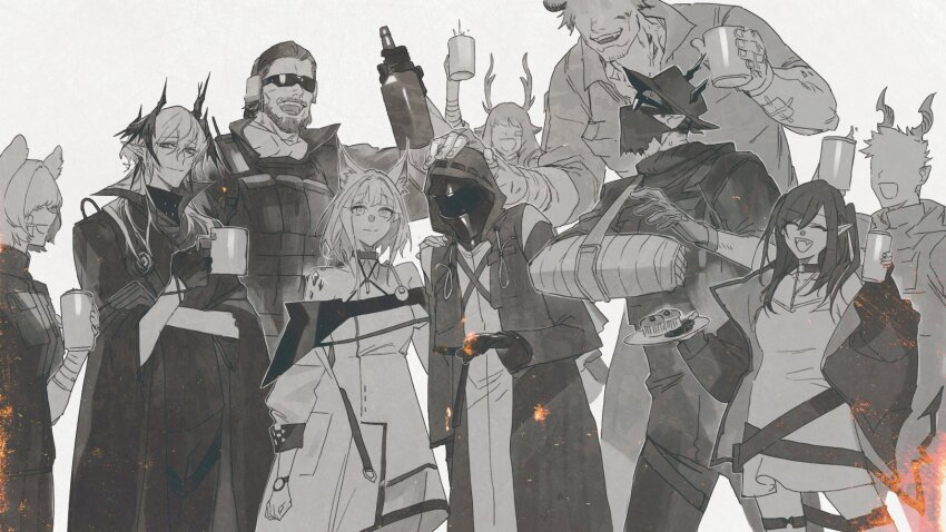 ace_(arknights) animal_ears antlers arknights arm_sling bandage_on_face bandages beard bottle broken_arm cast closure_(arknights) cup demon_horns doctor_(arknights) facial_hair grey_background greyscale highres horns kaifei_(kaifei_29) kal&#039;tsit_(arknights) logos_(arknights) material_growth monochrome mug oripathy_lesion_(arknights) pointy_ears scout_(arknights) simple_background smile sweat toasting_(gesture)